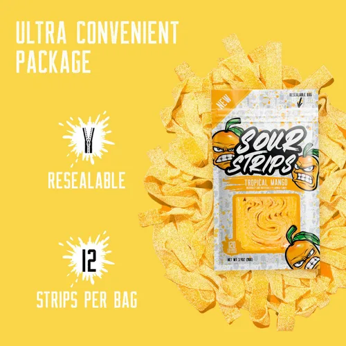 Miniatura 6 de SOUR STRIPS Dulces tropicales con sabor a mango Deliciosamente Chewy Belts - Caramelos vegetarianos, 12 por paquete, 2