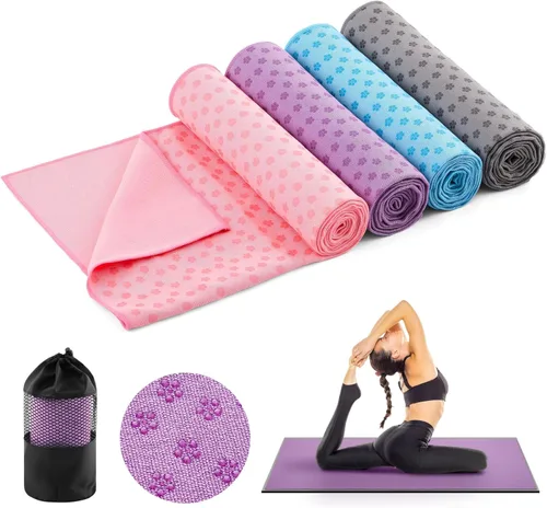 Breling Paquete de 4 toallas de yoga, toalla de yoga caliente de 72 x 24 pulgadas, tapete de microfibra antideslizante con puntos de agarre, ultra