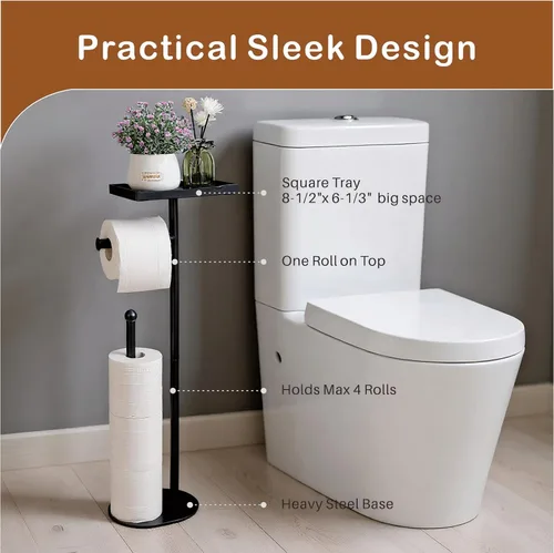 Miniatura 5 de Soporte de papel higiénico independiente con estante para teléfono, capacidad para 5 rollos de papel, soporte para rollo de papel de seda negro