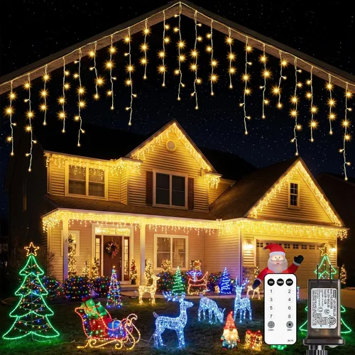 Miniatura 11 de Luces de Navidad de carámbano para exteriores, 40 pies, 432 LED, impermeables, para exteriores, 8 modos de iluminación, con control remoto