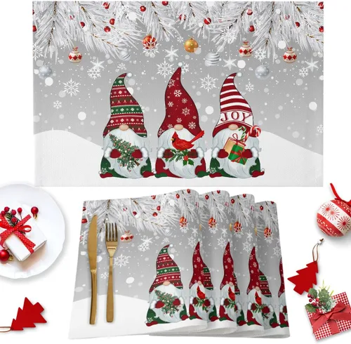 Juego de 1 mantel individual gris de Navidad, manteles individuales de enanos de invierno y cardenales antideslizantes, manteles individuales de