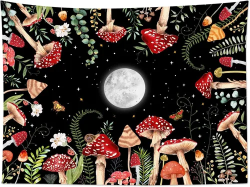 Miniatura 18 de HVEST Tapiz retro rojo de hongos para colgar en la pared, diseño floral rosa con fresa y mariposa en beige, tapiz para dormitorio, flores, plantas
