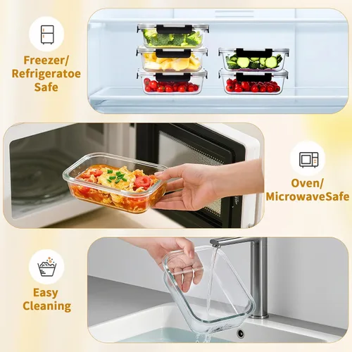 Miniatura 3 de Paquete de 6 recipientes de vidrio para almacenamiento de alimentos con tapas, recipientes de preparación de comidas de 36 onzas para el almuerzo