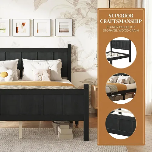 Miniatura 3 de Bellemave Cama de panel plano de tamaño individual con cabecero y estribo, cama de plataforma minimalista y moderna con acabado de grano de madera