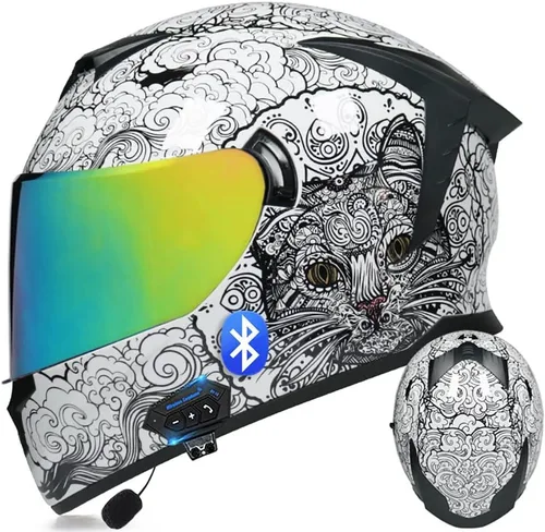 Miniatura 14 de Casco de motocicleta Bluetooth de cara completa abatible con micrófono, diseño de ala trasera aprobado por DOT, reducción de ruido con doble visera