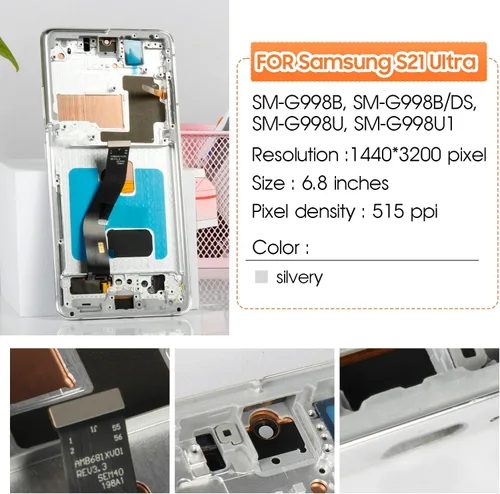 Miniatura 2 de AMOLED de 6.8 pulgadas para Samsung Galaxy S21 Ultra LCD G998U1 G998W G998B G998B/DS S21Ultra 5G Pantalla LCD táctil reemplazo (con marco plateado)