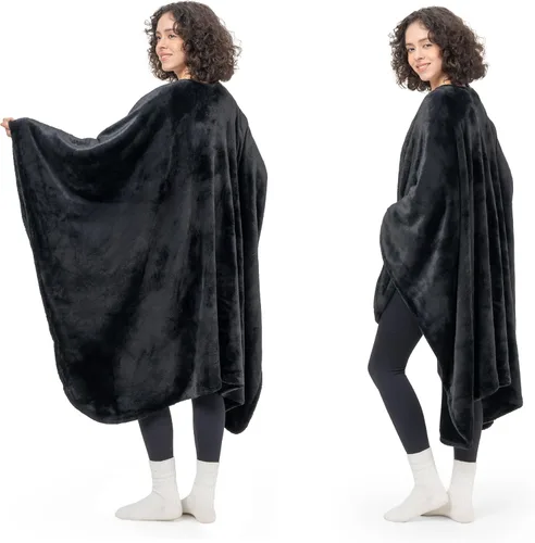 Berkshire Blanket Primalush® Manta portátil, Capa de felpa con bolsillos y acogedora para estar en casa, ideal para adultos y adolescentes, Negro