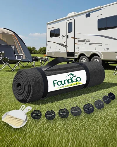 Miniatura 10 de FoundGo Alfombra para toldo de polietileno de alta densidad con ojales, clavos, escoba, para caravana, patio, patio trasero, picnic, playa, Gris