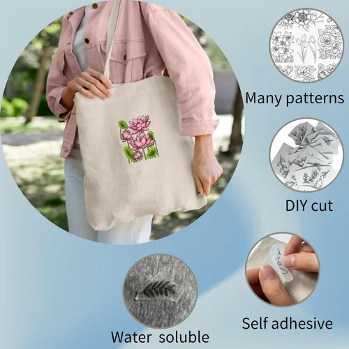 Miniatura 3 de Papel de bordado para pegar y puntar, soluble en agua, estabilizador de bordado, autoadhesivo, papel soluble en agua con patrones de flores para 17