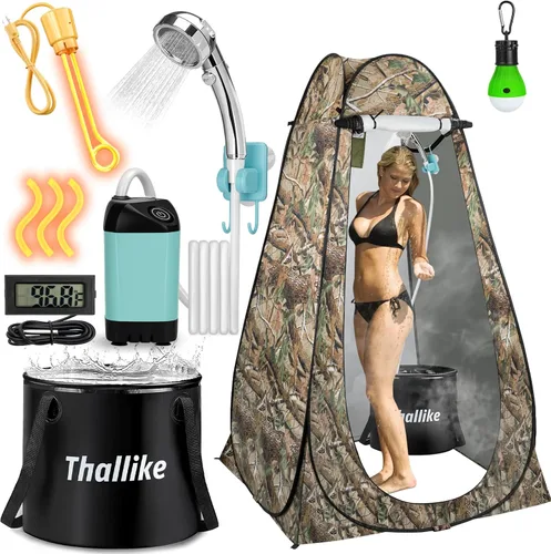 Portable Hot Shower for Camping Shower Tent Kit, 1000W Immersion Heater, Rechargeable Camping Shower Pump, Pop Up Shower Tent with 6.6 Gallons