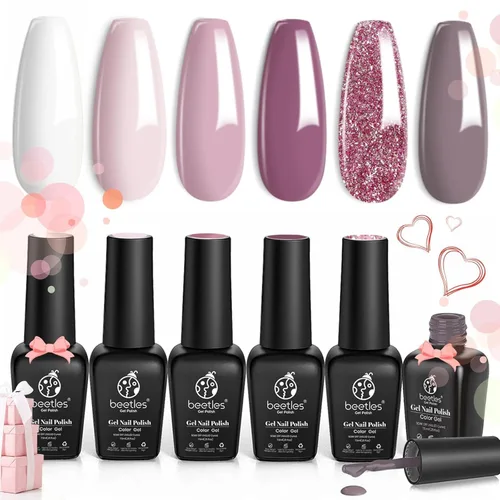 Miniatura 8 de Beetles - Juego de esmaltes de uñas de gel para boda, 6 colores, color nude, rosa, malva, blanco, con brillantina, para remojar con luz UV LED, arte
