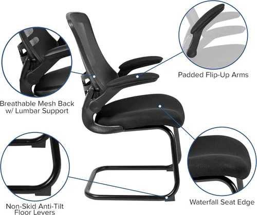 Miniatura 4 de BizChair Silla de recepción lateral con base de trineo de malla negra con brazos abatibles-sala de espera de oficina