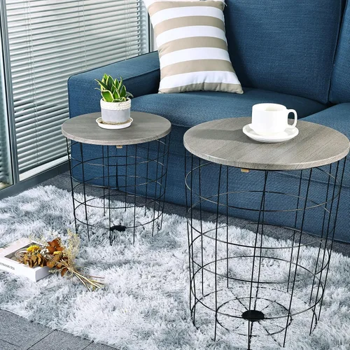 Miniatura 6 de Elevon Mesa auxiliar de mesa anidable, base de cesta de alambre con tapas de madera, juego de 2, gris