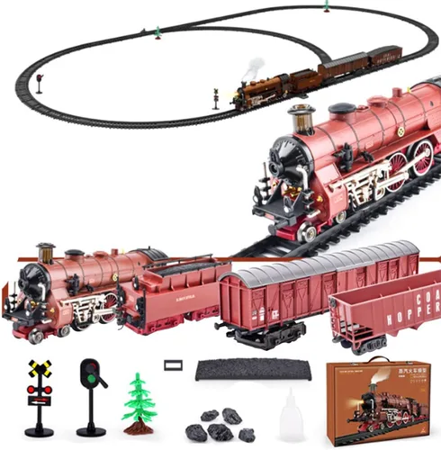 Juego de tren eléctrico de aleación con luces y sonidos, modelo clásico de locomotora de vapor con pista larga y carruajes, juego de locomotora Rojo