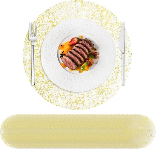 Miniatura 14 de Hysenm Juego de 100 manteles individuales desechables dorados metálicos redondos de 13 pulgadas de malla prensada, tapetes desechables ultrafinos
