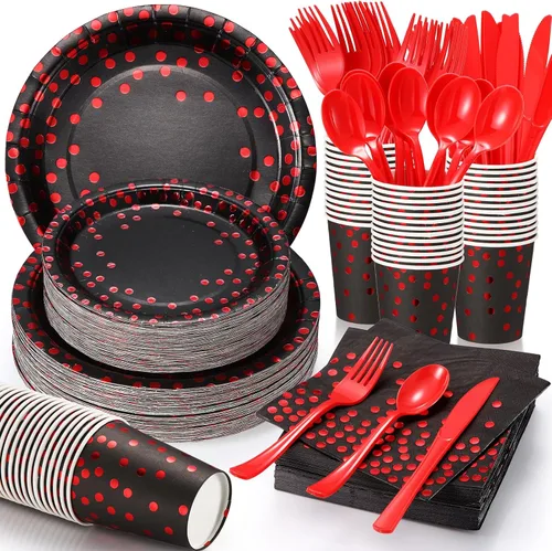 Sieral 560 piezas de suministros de fiesta negros y rojos para 80 invitados, juego de vajilla desechable con platos de papel negro y rojo,