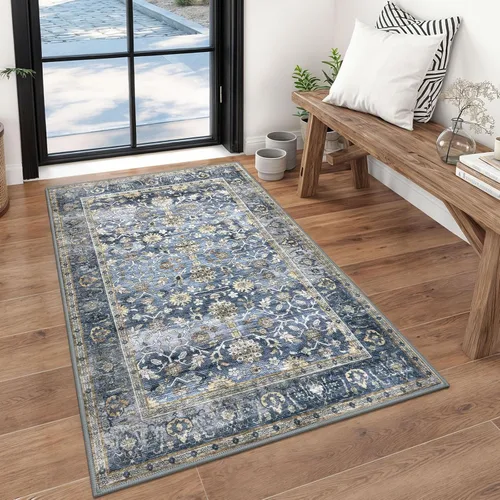 Miniatura 51 de KUTA Alfombras vintage de 2 x 3 pies para entrada, antideslizantes, lavables, tapete para puerta de interior con estampado floral, azul, gris, Azul
