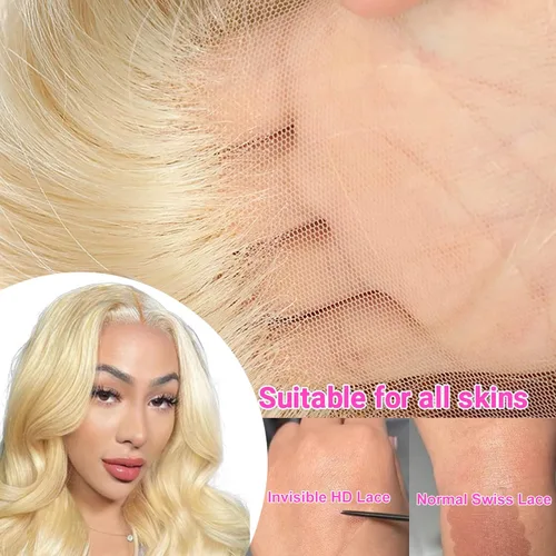 Miniatura 4 de Peluca de encaje frontal 613, cabello humano, 30 pulgadas, onda corporal, peluca frontal de encaje HD, rubia, predepilada, sin pegamento, densidad