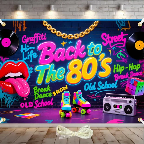 Miniatura 9 de Telón de fondo de Back to The 80's de 6 x 3.6 pies, decoraciones de fiesta de los años 80, telón de fondo de los años 80, pared de graffiti de hip