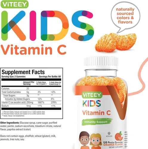Miniatura 4 de Viteey Gomitas de vitamina C para niños, sabroso sabor a naranja masticable Apoyo inmunológico para niños, niños pequeños y adolescentes – Vegano