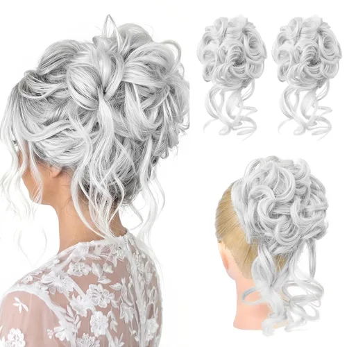 Miniatura 41 de HOOJIH 2 piezas de moño despeinado, recogido despeinado con mechones, extensiones de moño de cabello ondulado rizado, envoltorio de cabello, cola
