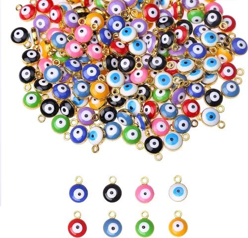 Miniatura 2 de 100 cuentas coloridas de ojo turco de ojo de la suerte, cuentas espaciadoras turcas para hacer joyas, pulseras, collares, aretes, manualidades Dorado