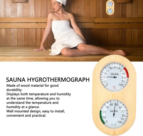 Miniatura 2 de flexman Termómetro higrómetro para sala de sauna, 2 en 1 248.0 °F 100% madera montado en la pared, accesorios para sala de vapor y baño