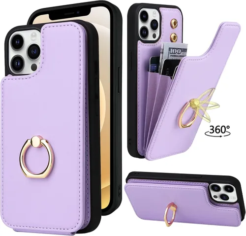 Miniatura 9 de Funda tipo cartera para iPhone 12 y 12 Pro con soporte para tarjetas, rotación de 360°, soporte de anillo de dedo con función atril, protección