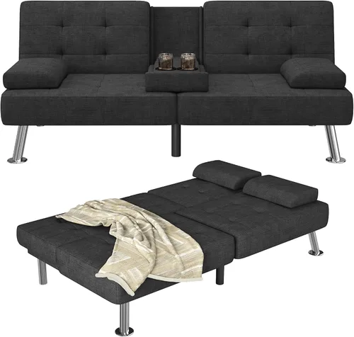 Miniatura 13 de Furmax Sofá Cama Futón Ajustable Sofá Cama Futón Sleeper para Sala de Estar, Oficina de Negocios, Sofás Reclinables con Portavasos (Cuero PU, Negro)