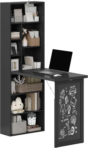 Miniatura 12 de HOMCOM Escritorio plegable convertible con pizarra, escritorio de computadora montado en la pared que ahorra espacio con estantes de almacenamiento