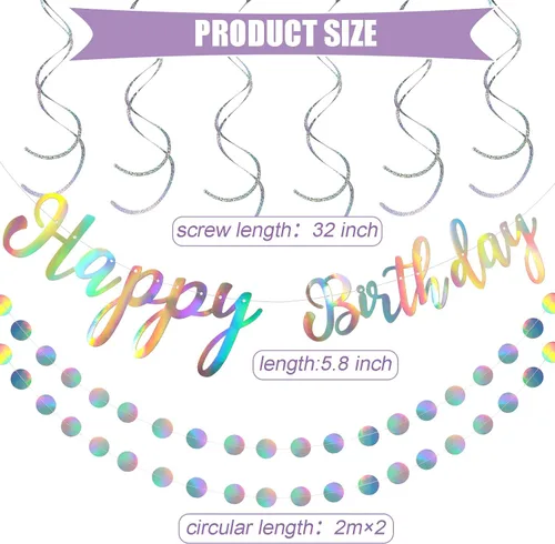 Miniatura 2 de Zonon Cartel iridiscente de feliz cumpleaños, decoración holográfica preencordada para fiesta, soltera vibrante, serpentinas colgantes, decoración
