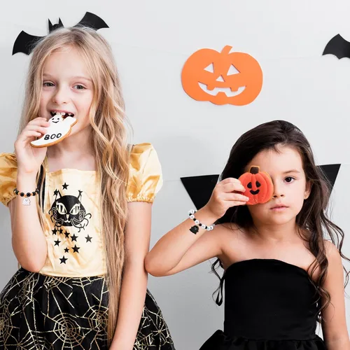Miniatura 4 de YANCHUN 4 pulseras de Halloween para mujeres y niñas, pulseras elásticas con cuentas de colores, fantasma, calabaza, murciélago, pulsera, regalo