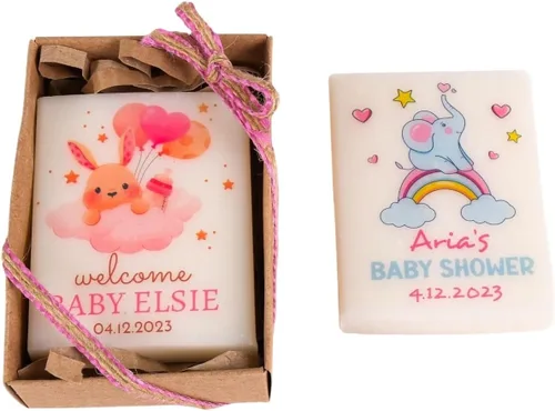 Miniatura 34 de Paquete de 10 decoraciones para baby shower de Happy Times Favors, regalos para baby shower, jabón mini vegano personalizado hecho a mano con aroma