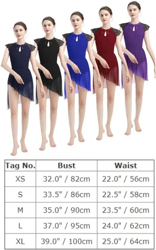 Miniatura 7 de ODASDO Elegante vestido de baile lírico para mujer, manga casquillo de encaje, falda de tul asimétrica, leotardo, disfraz contemporáneo, XS-XL