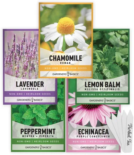 Gardeners Basics, Semillas de té de hierbas para plantar en interiores y exteriores, 5 paquetes variados de equinácea, menta, lavanda, manzanilla y