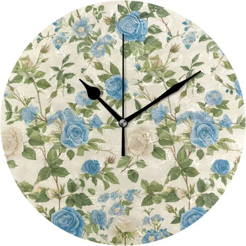 Reloj de pared redondo de 10 pulgadas con patrón floral de estilo vintage, diseño floral, moderno, minimalista, silencioso, fácil de leer para sala