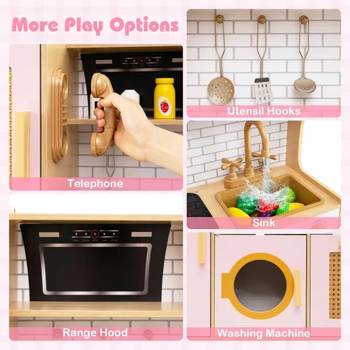 Miniatura 4 de Costzon Juego de cocina para niños, juguete Montessori de madera para niños pequeños con puerta de ratán, luz y sonido, dispensador de agua, Ratán