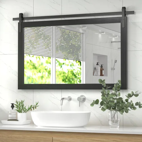 Miniatura 2 de Espejo Negro de Granja para Pared, 40x26 PULGADAS Espejos Grandes de Baño Cuadrados con Marco de Madera para Tocador, Espejos Estilo Puerta