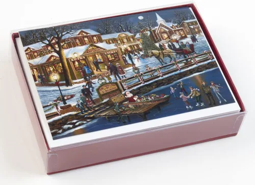 Miniatura 2 de Caja de tarjetas navideñas de pueblo navideño, 15 tarjetas y 16 sobres de papel de aluminio