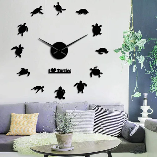 The Geeky Days I Love Turtles DIY Sticker Wall Art - Reloj de pared gigante decorativo, silueta de tortugas marinas, decoración de playa, animales