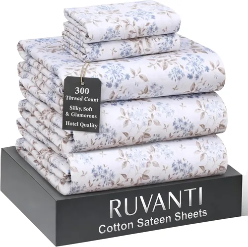 Miniatura 41 de RUVANTI Juego de sábanas de 100 % algodón tamaño matrimonial, tejido de satén suave y sedoso de 300 hilos, refrescante, ligero y transpirable, Beige