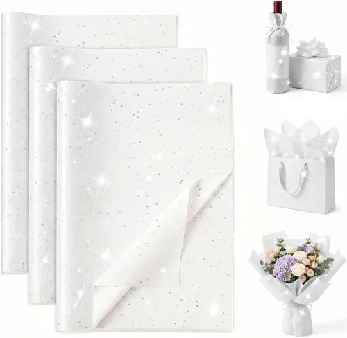 Koogel 120 hojas de papel de seda, papel de seda blanco de 20 x 14 pulgadas para bolsas de regalo, envoltura de purpurina para cumpleaños, proyectos