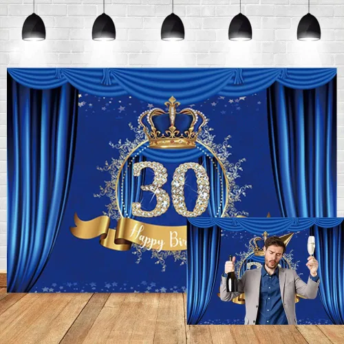 Miniatura 8 de Telón de fondo de feliz cumpleaños 50 años, cortina azul real de lujo, corona azul dorado, fondo fotográfico, celebración de cumpleaños de niño