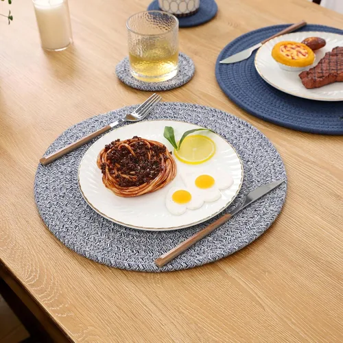 Miniatura 2 de SHACOS Juego de 6 manteles individuales redondos tejidos de cuerda de algodón con posavasos, manteles individuales para mesa de cocina de 13 Azul