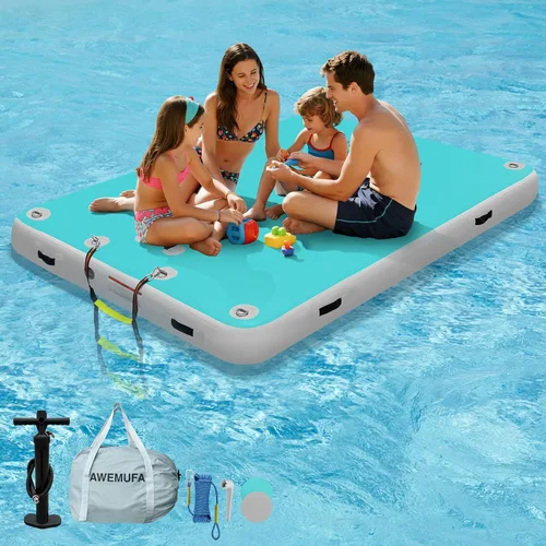 Miniatura 13 de AWEMUFA Muelle flotante inflable con rampa de 5 pies/6 pies/8 pies/10 pies, plataforma flotante flotante, tapete flotante de isla flotante, flotador