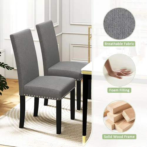 Miniatura 3 de LSSPAID Juego de 2 sillas de comedor tapizadas de tela con ribete de cabeza de clavo y patas de madera maciza para el hogar y la cocina, color gris