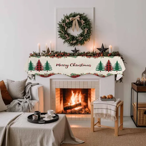 Miniatura 3 de Bufanda para chimenea con árbol de Navidad, 90 x 17 pulgadas, guirnalda de Navidad a cuadros rojos, cubierta de mantel de lino vintage, protector
