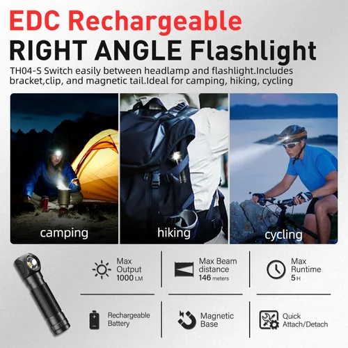 Miniatura 7 de SuperFire Linterna frontal recargable de 1000 lúmenes, luz impermeable para manos libres con 5 modos y base magnética, regalo para hombres, papás