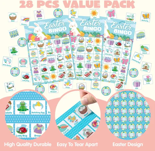 Miniatura 2 de JOYIN Tarjeta de bingo de Pascua para 28 jugadores (5 x 5) con color azul para niños, niñas y adultos, juegos de Pascua, actividades escolares