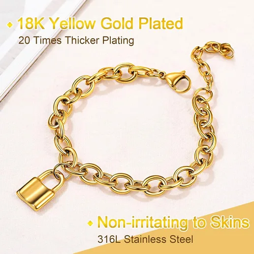Miniatura 3 de FOCALOOK Pulseras de cadena de eslabones para mujer, pulseras personalizables, chapadas en oro de 18 quilates, pulsera con dije de bloqueo de cadena